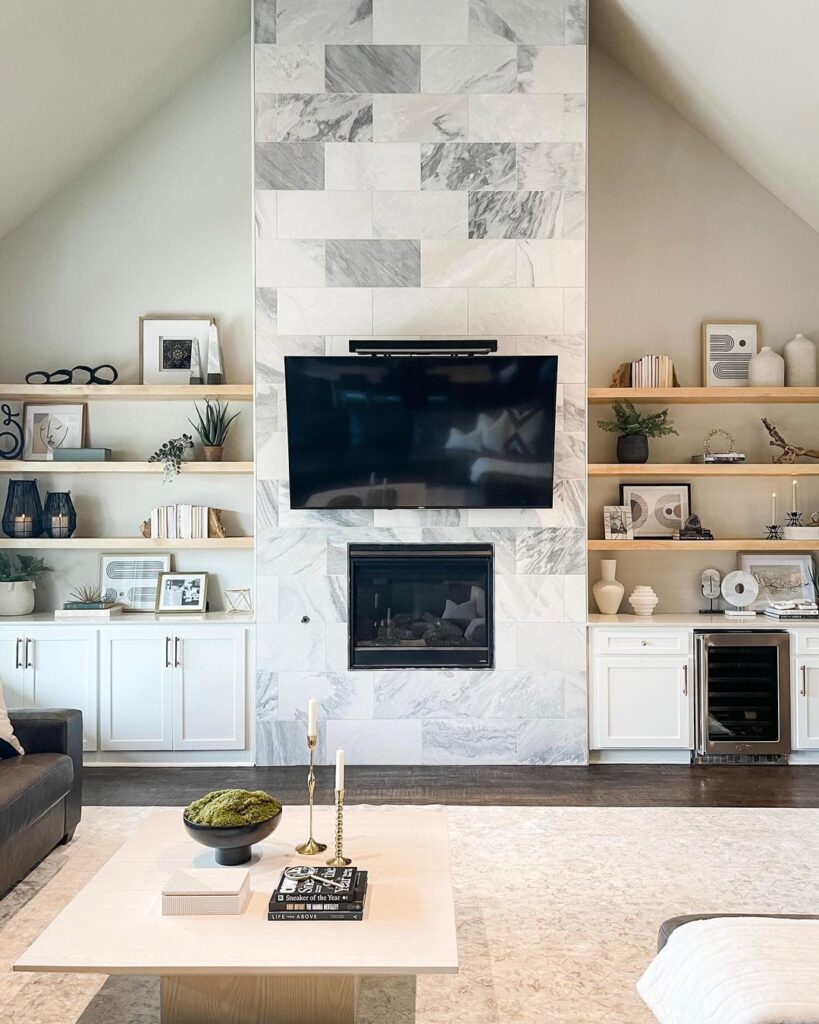 Grey Marble Accent Wall Fireplace With Wooden Floating Shelves