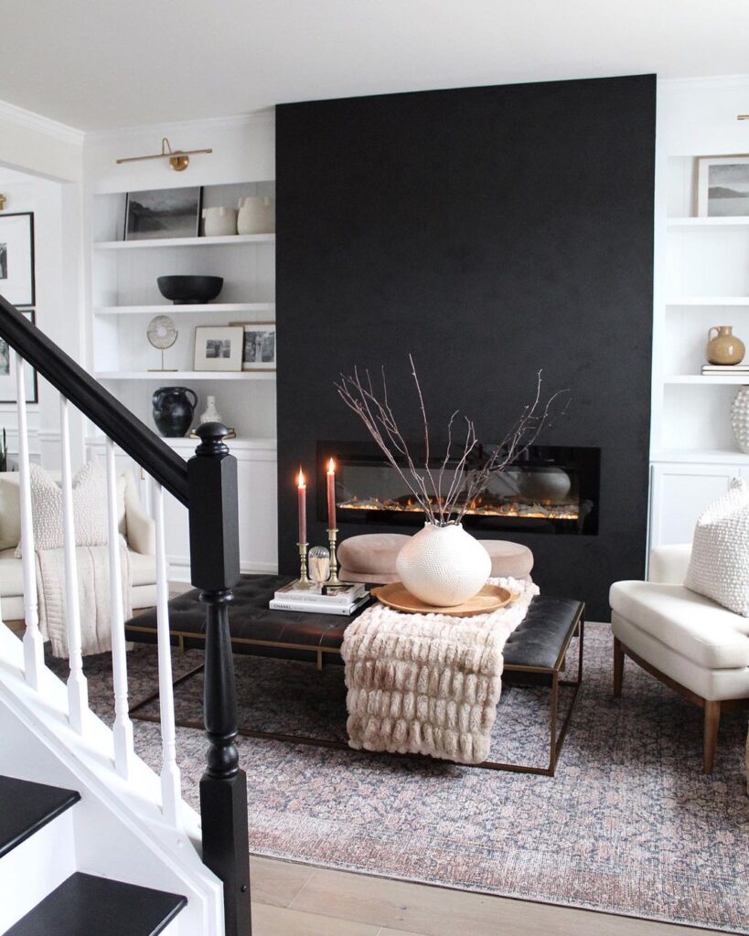 Black Accent Wall With White Floating Shelves