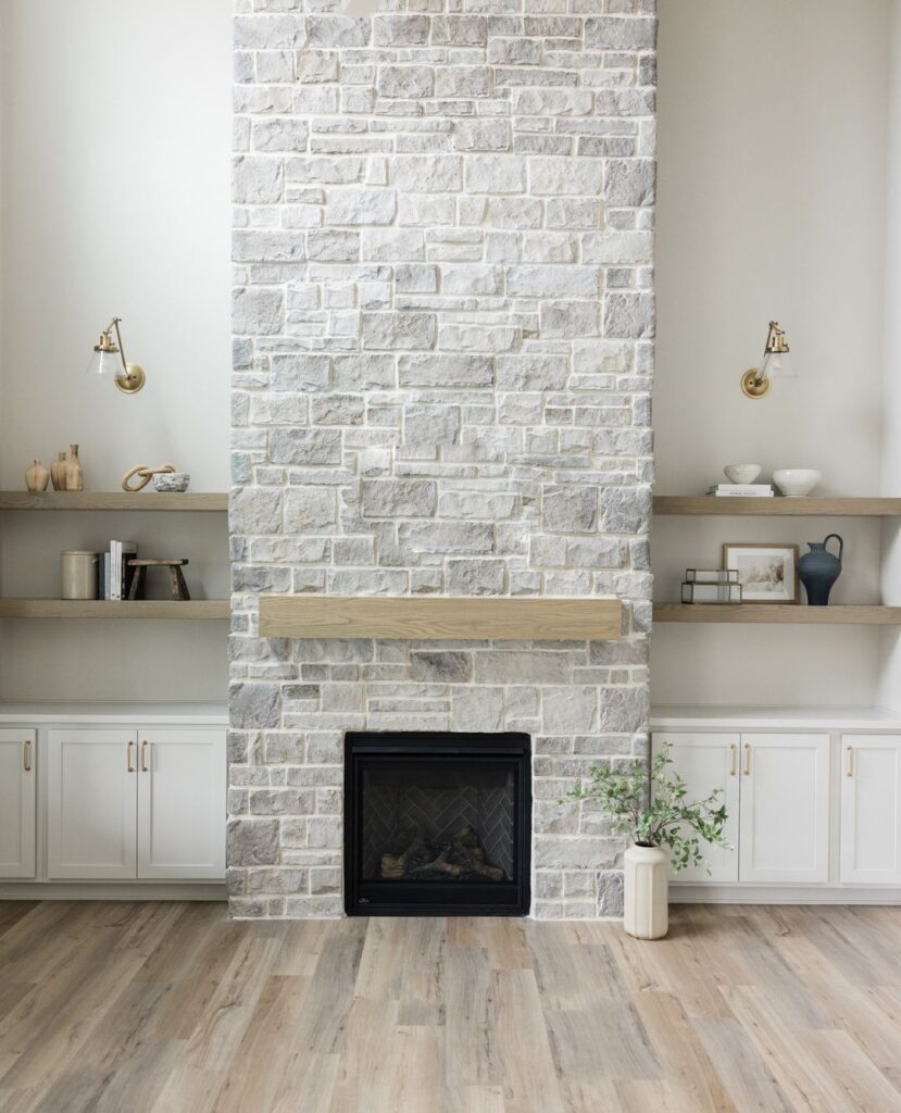 Floating Shelves And Lower Cabinets On Sides Of Fireplace