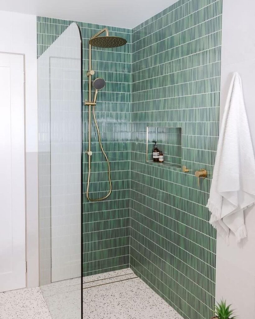 Green Small Bathroom Tile Ideas With Gold Hardware