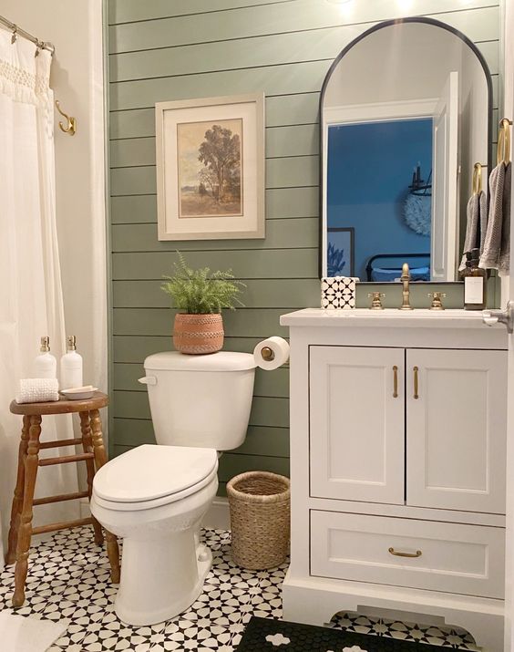 Light Green Shiplap Bathroom Wall With Arched Mirror