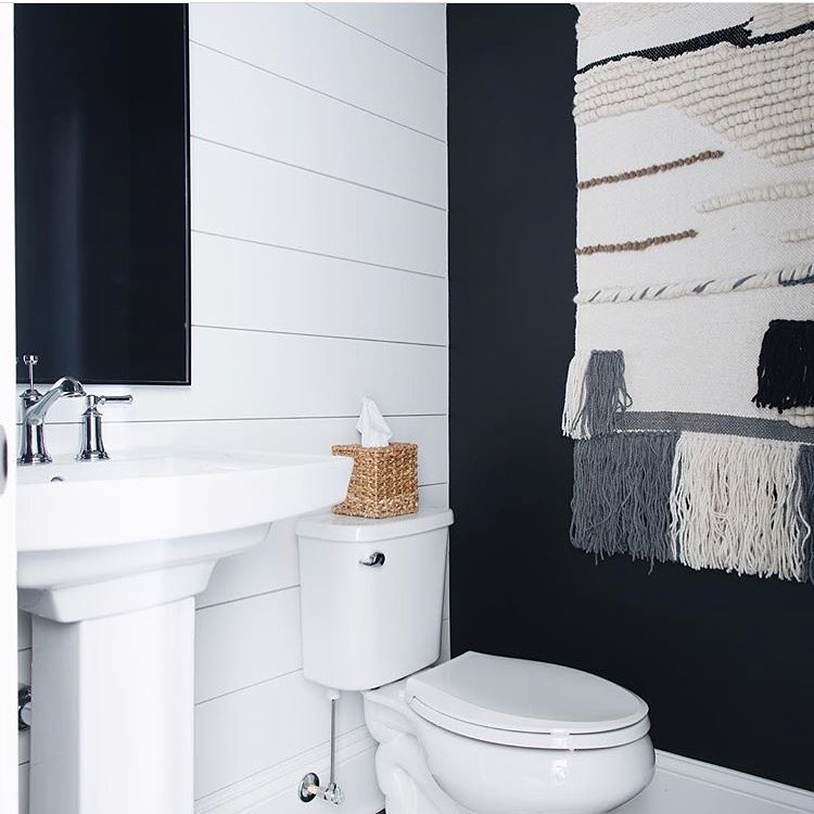 Bathroom With Shiplap Accent Wall And Black Walls