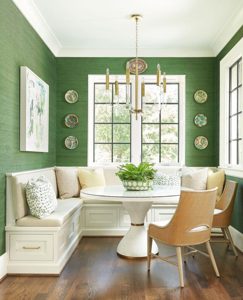 Corner Breakfast Nook Bench With Green Accent Wall