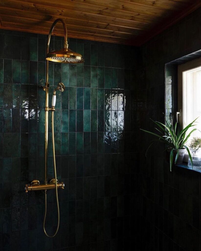 Dark Green Shower With Wooden Ceiling