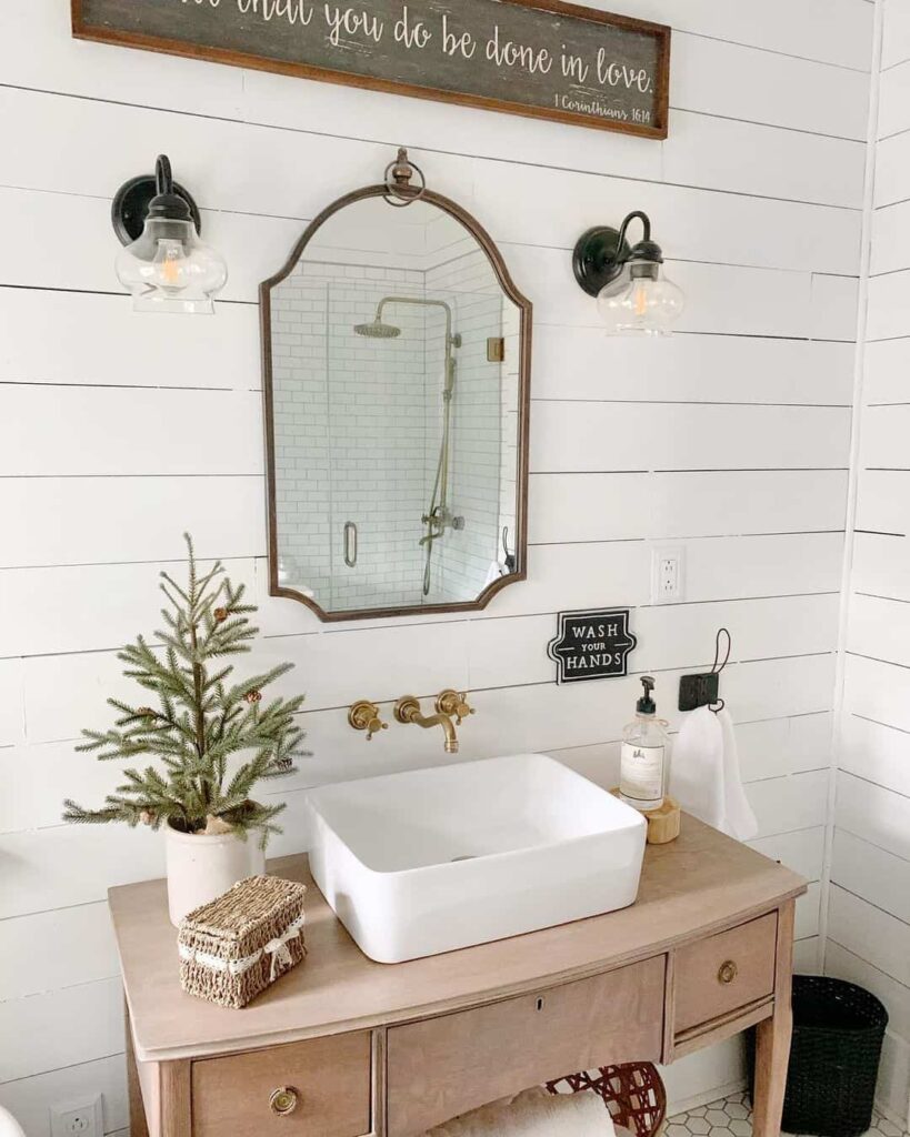 Horizontal Shiplap Vanity Wall With Gold Fixtures