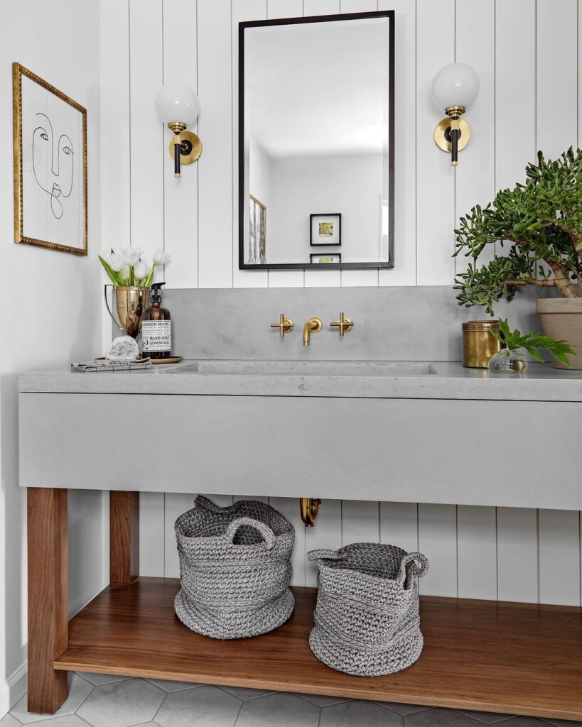 Light Grey Vanity With Shiplap Accent Wall