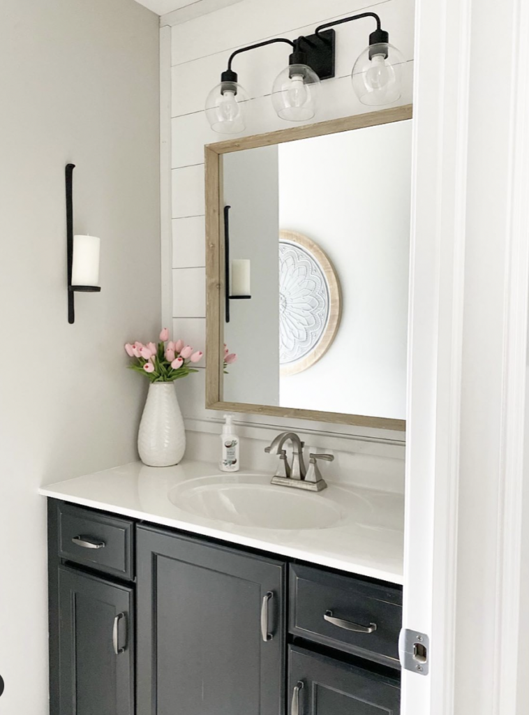 Bathroom Shiplap Ideas With Black Vanity And Light Fixture