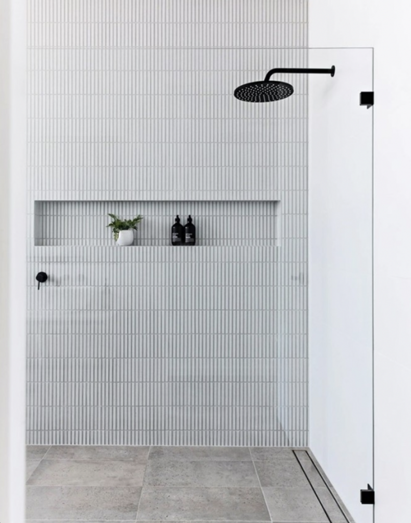 Small Grey Mosaic Tile Shower With Black Hardware