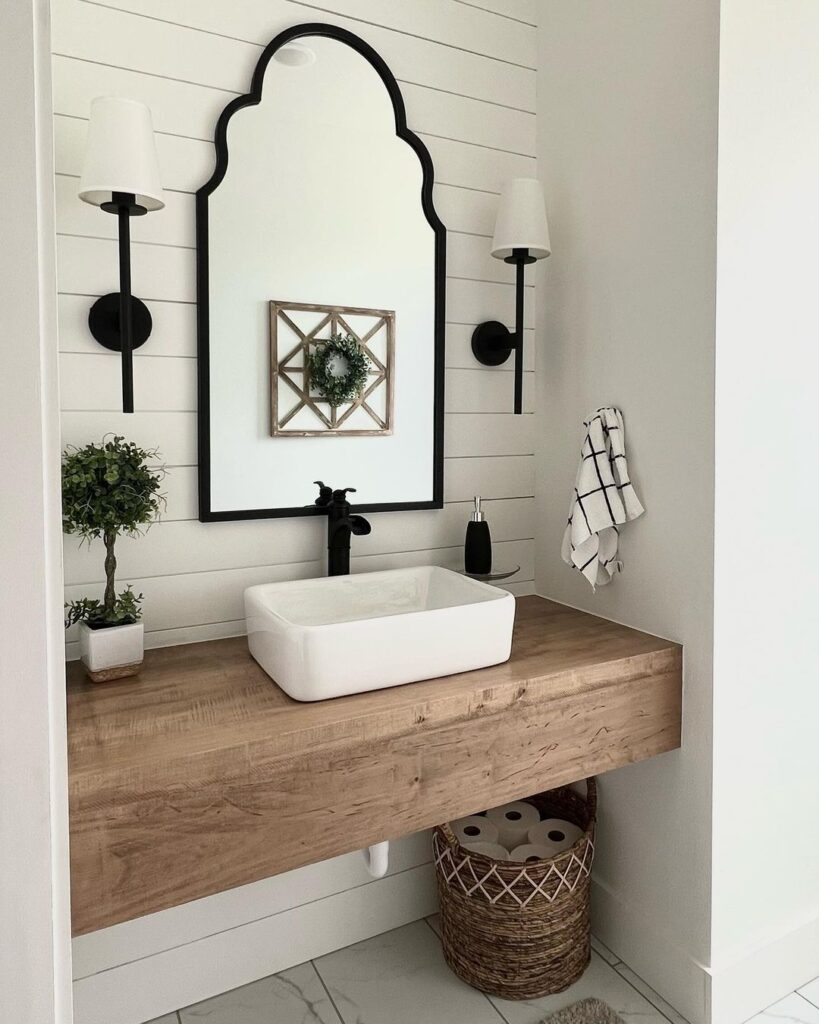Shiplap In Bathroom With Wooden Sink Countertop