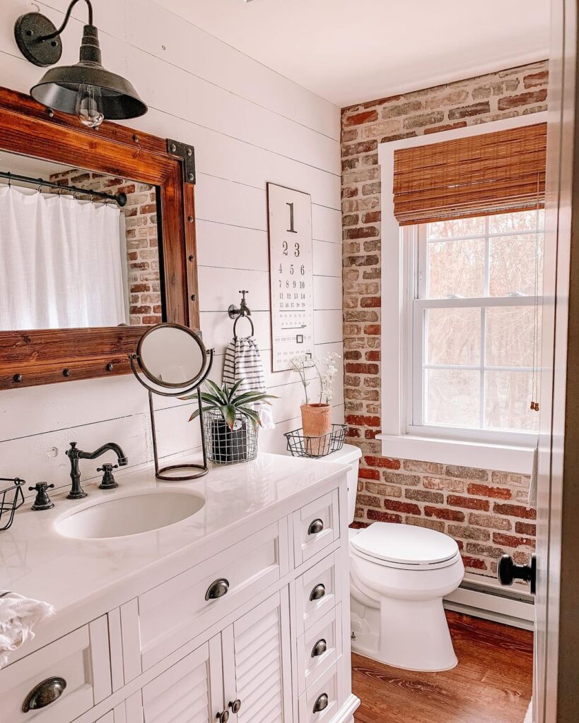 Red Brick Wall And Shiplap In Small Bathroom