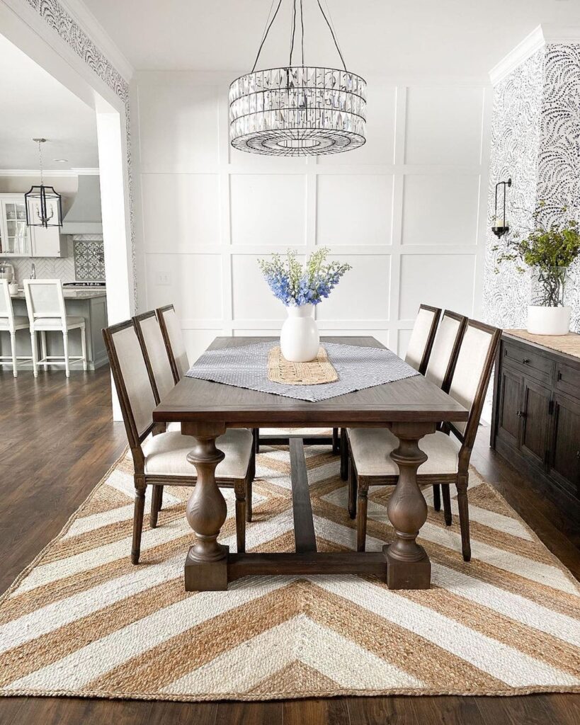 White And Brown Patterned Under Dining Table Rug