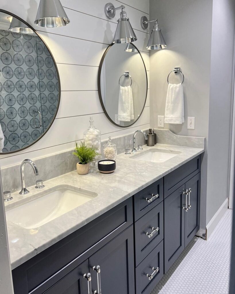 White Bathroom With Shiplap And Black Vanity