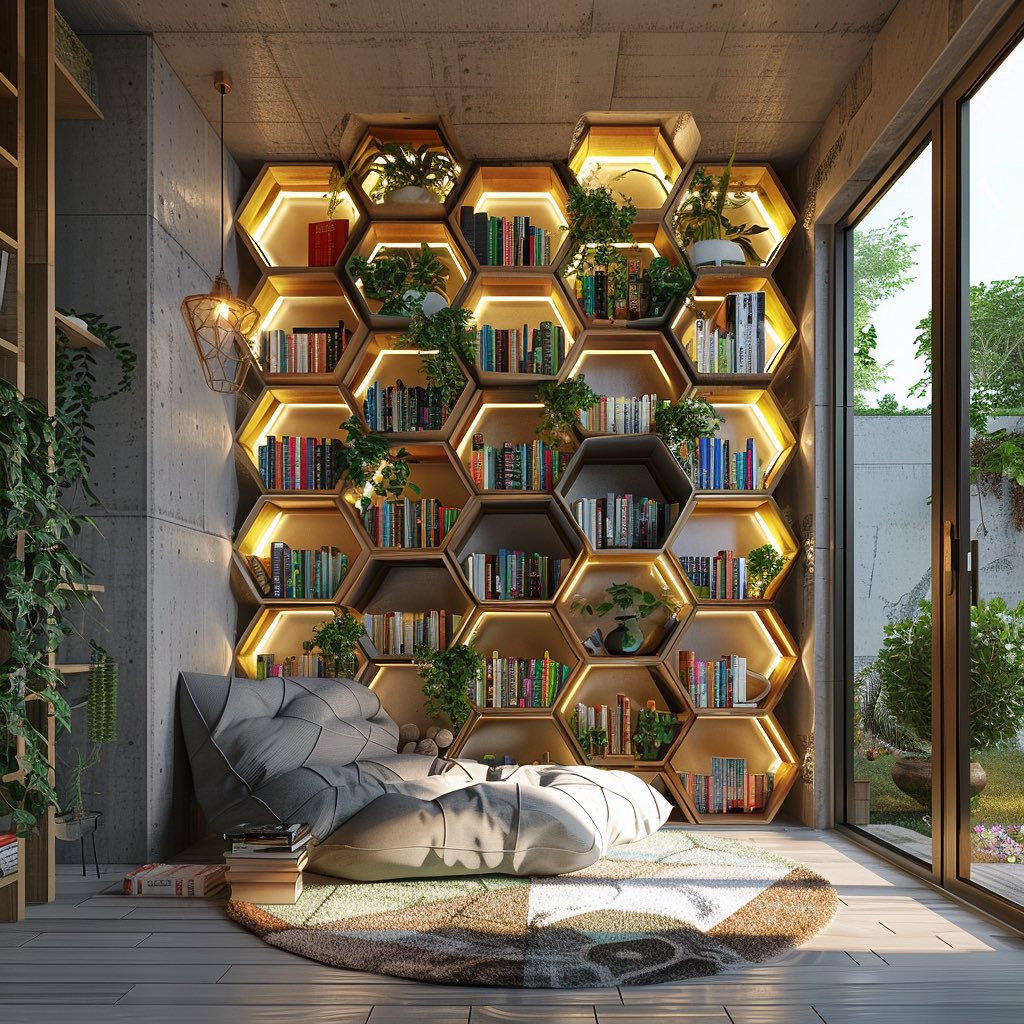 Honeycomb Haven: A Geometric Book Retreat