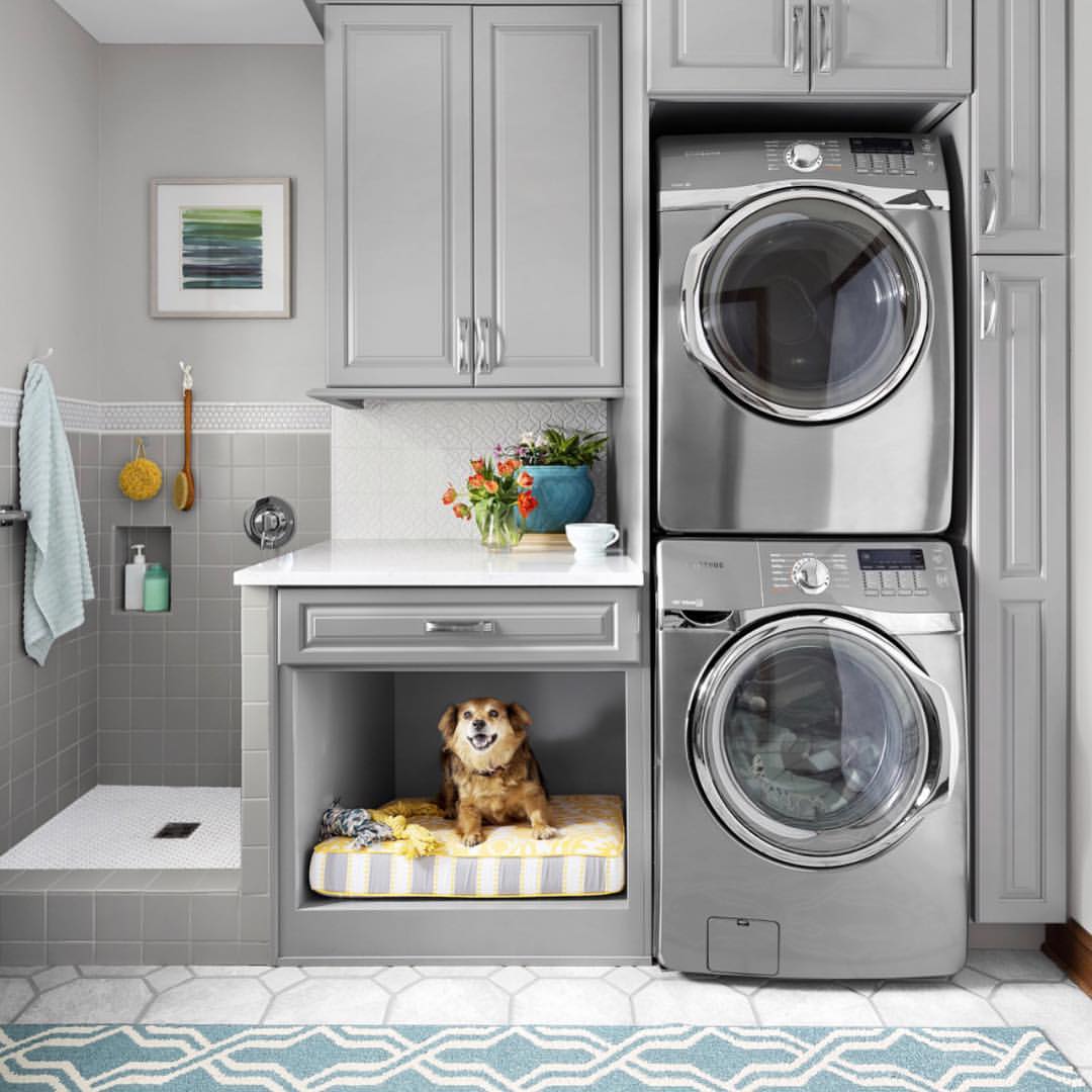 Pet-Friendly Laundry Nook with Smart Storage And Marble Countertops