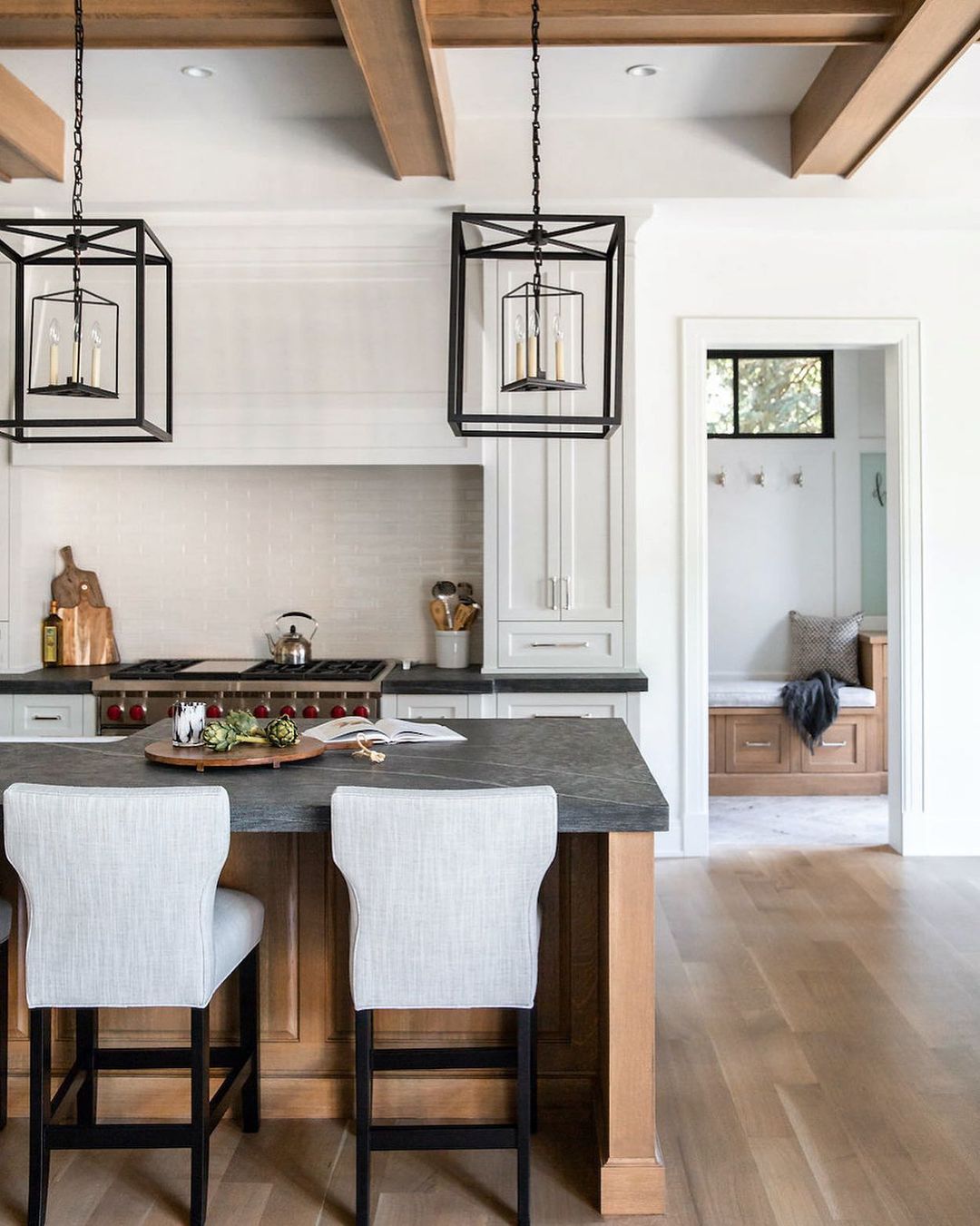 Contemporary Contrast with Faux Ceiling Beams