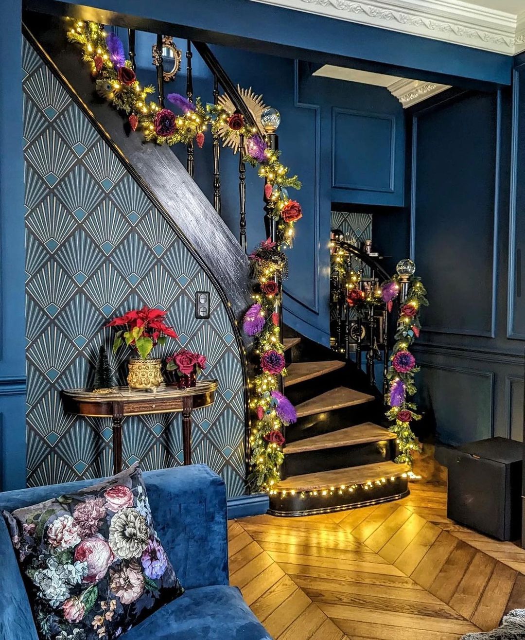 Festive Sapphire: Staircase Adorned for Celebration