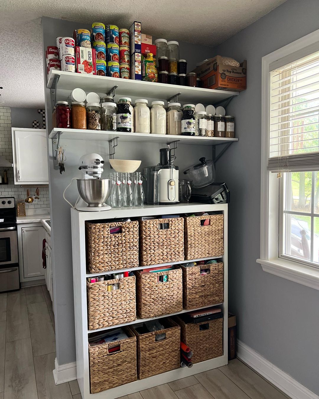 Utilitarian Pantry with Woven Baskets