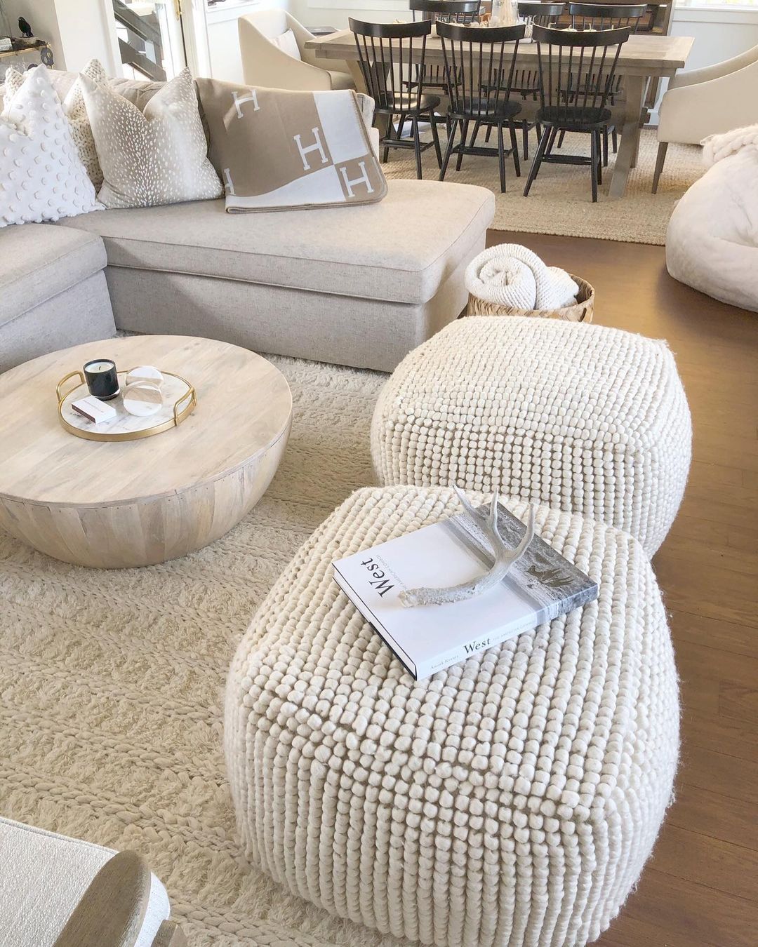 Cluster of Knitted Poufs in a Neutral Palette