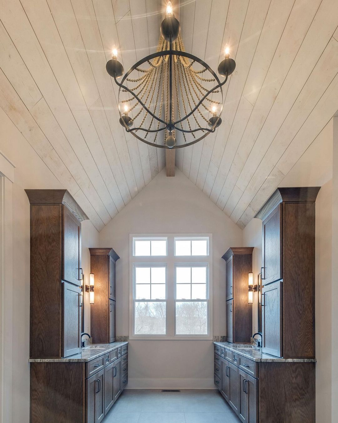 Refined Bathroom with Wooden Cathedral Ceiling