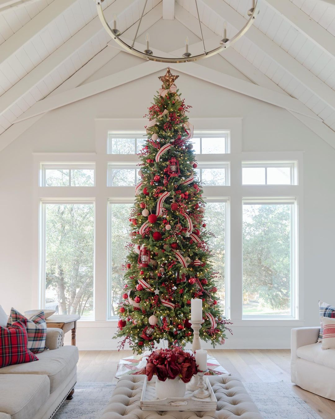 Cathedral Ceiling in a Festive Living Room