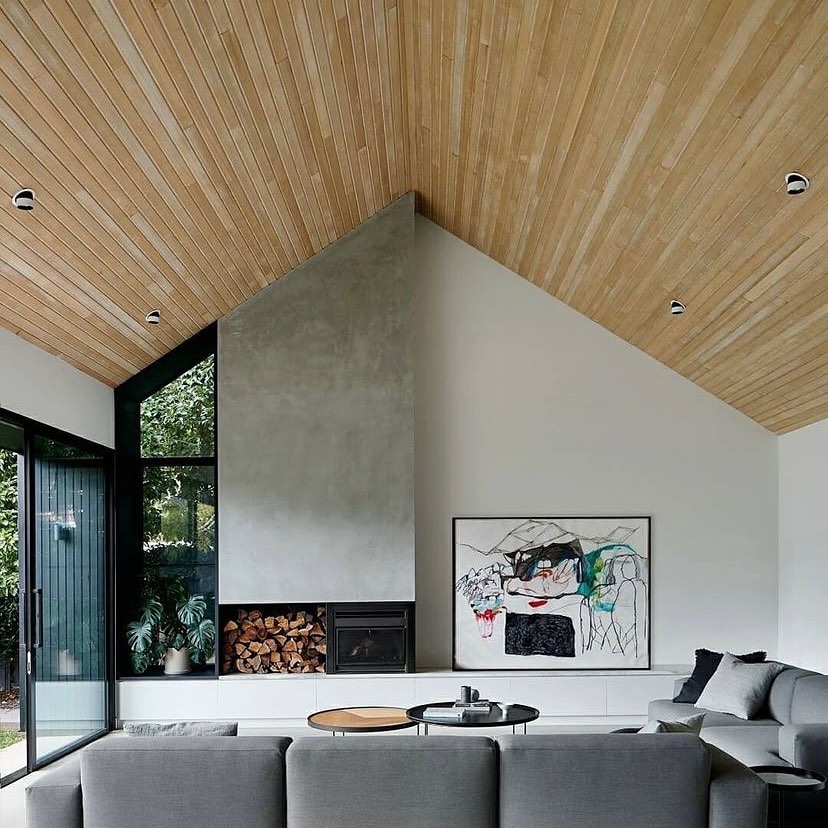 Modern Living Room with Wooden Cathedral Ceiling