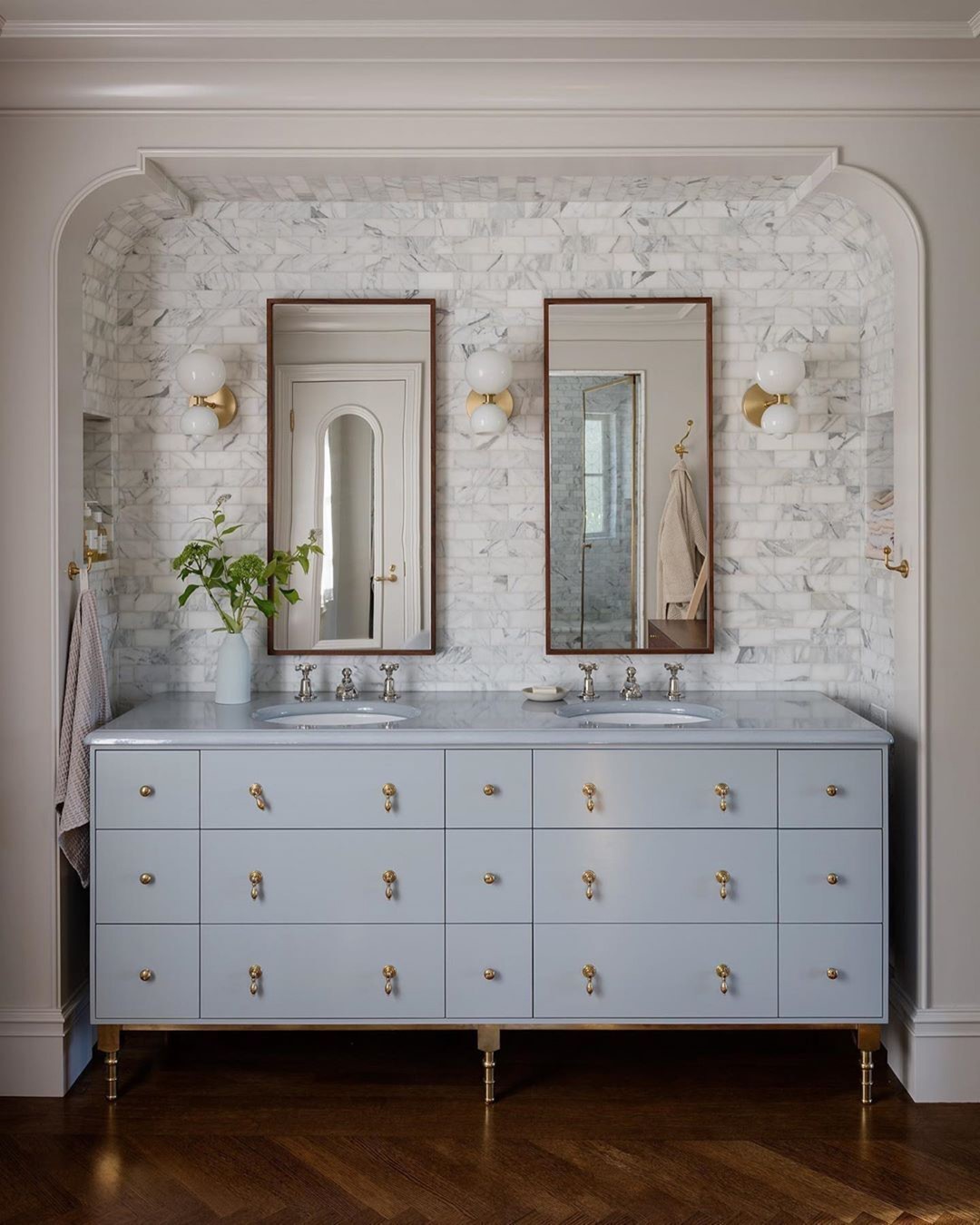 Rustic Blue Gray Double Vanity with Modern Twist