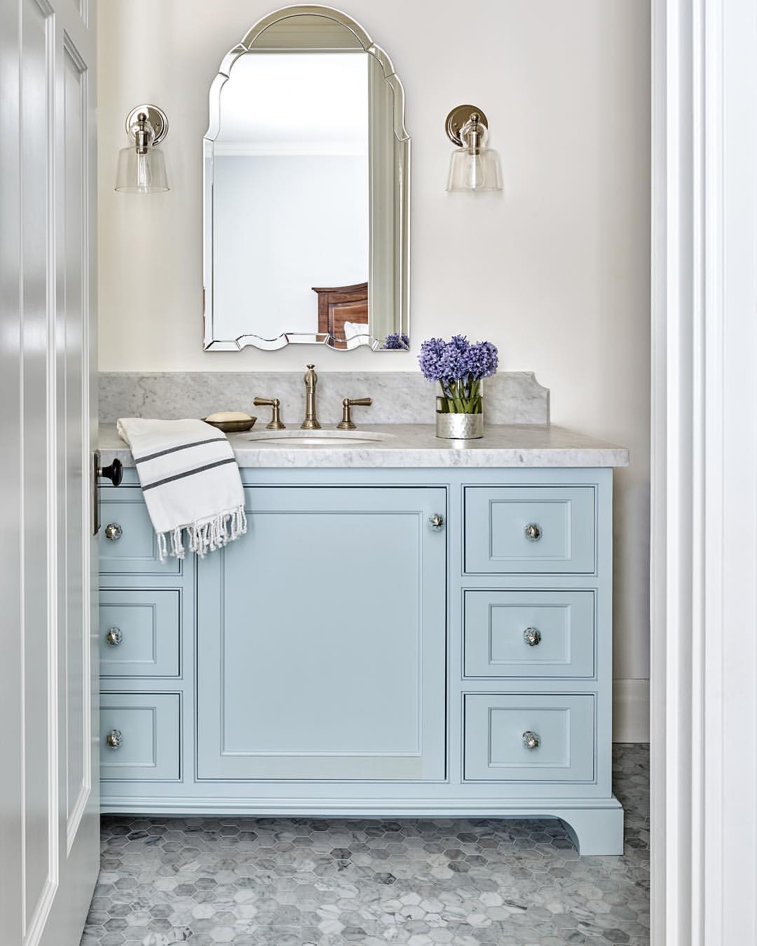 Light Blue Gray Single Sink Vanity with Arched Mirror