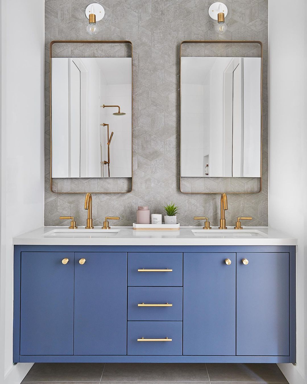 Contemporary Blue Gray Double Sink Vanity with Dual Mirrors