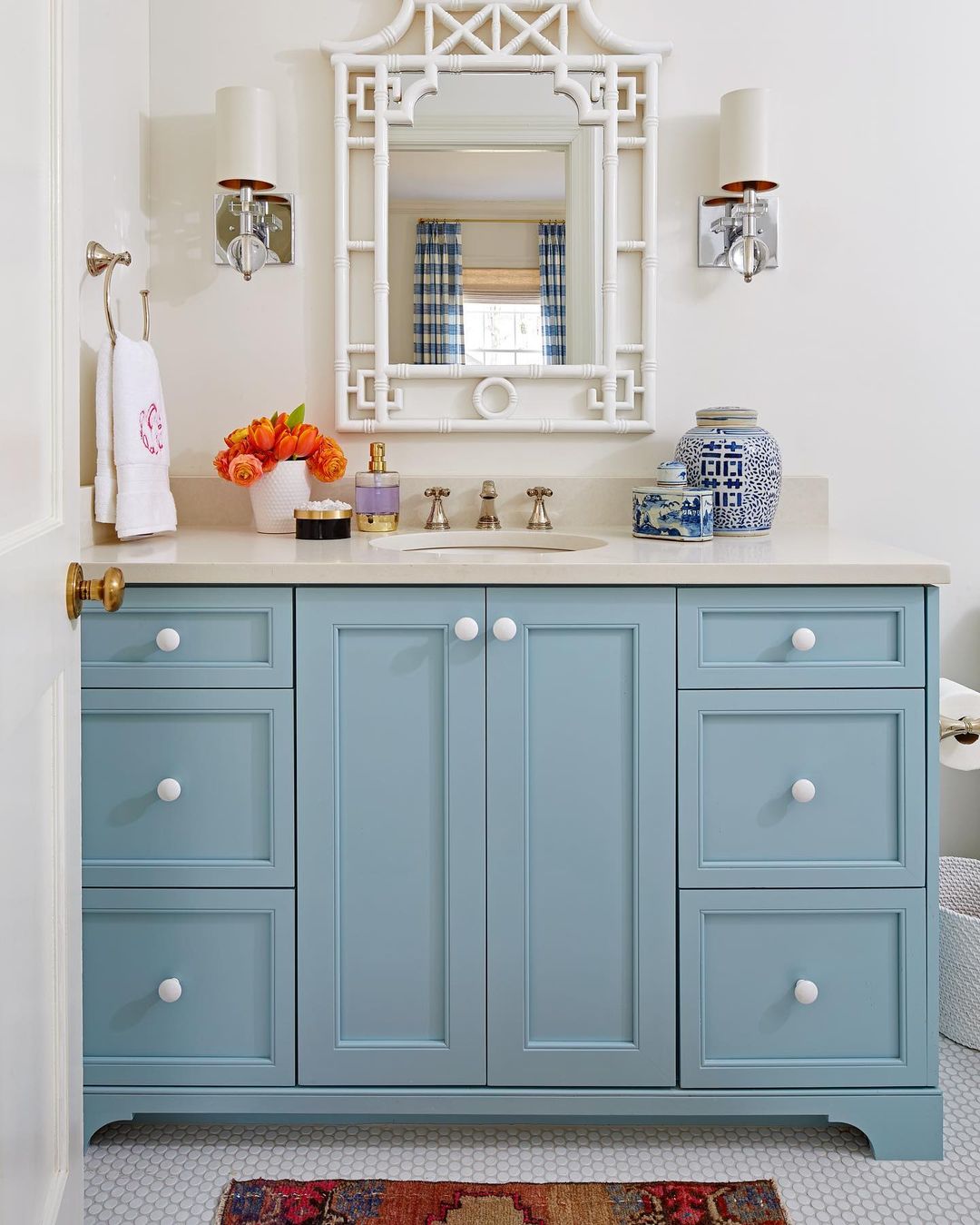 Bright Blue Gray Vanity with Playful Design