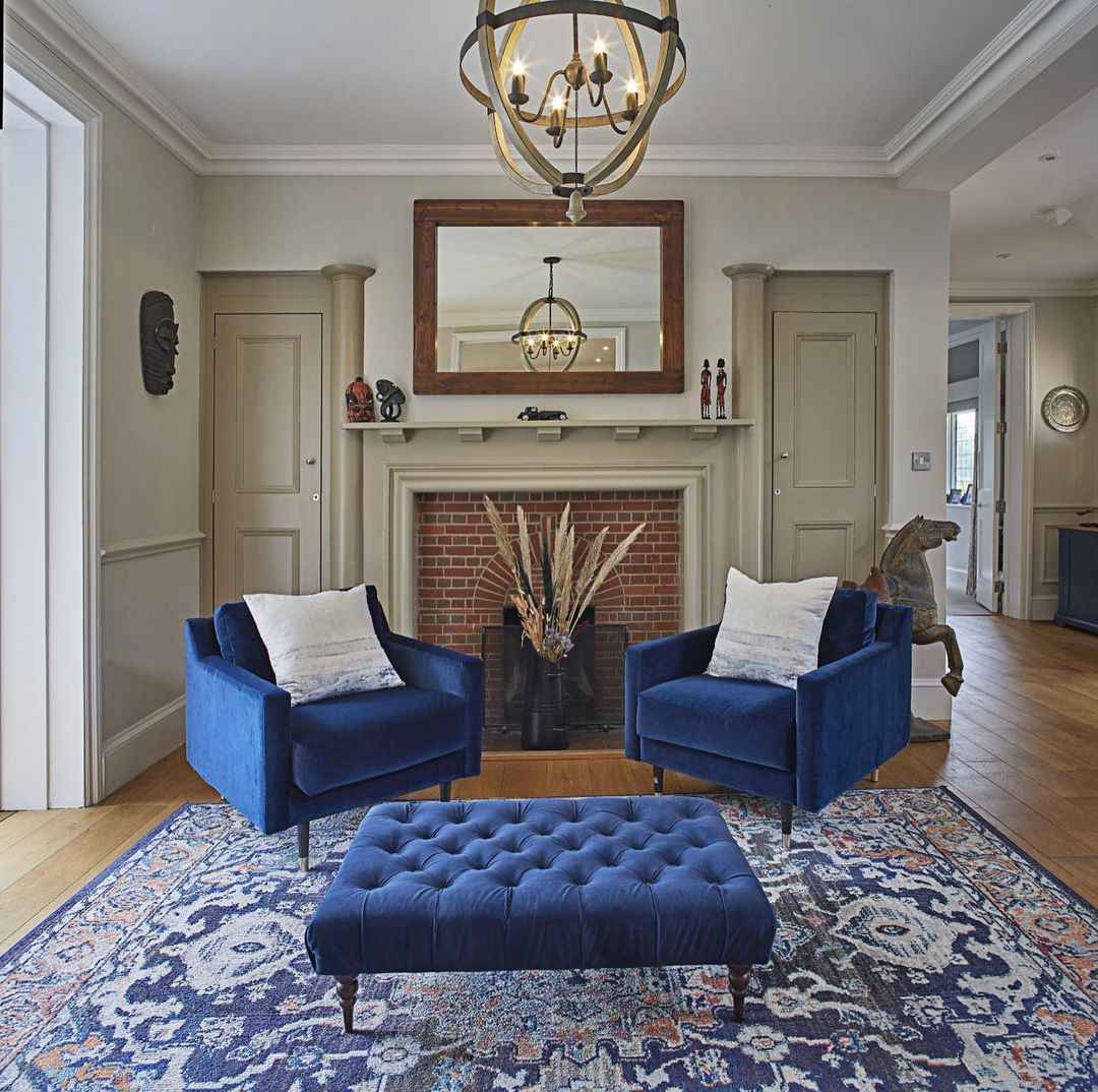 Bold and Blue: Vibrant Fireside Elegance Family Room
