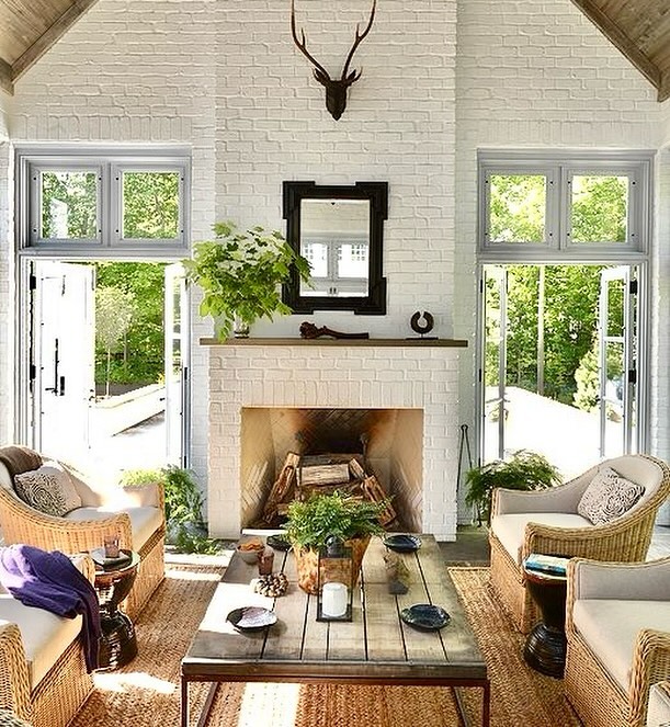 Rustic Retreat: White Brick Fireplace with Natural Accents