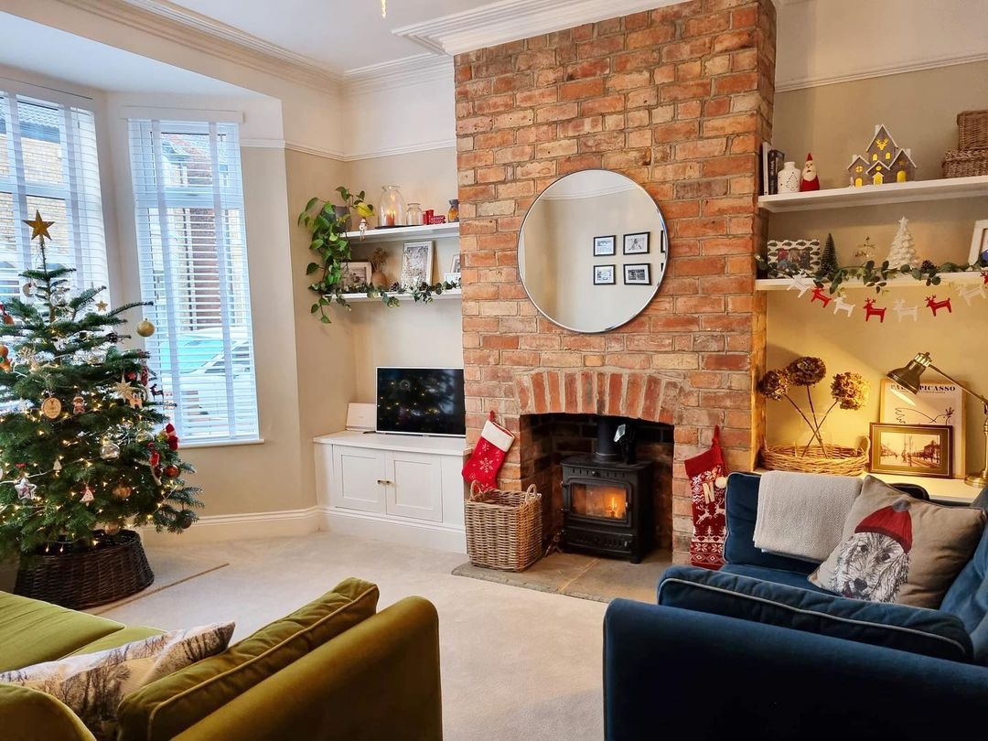 Festive Charm: Holiday-Ready Brick Fireplace