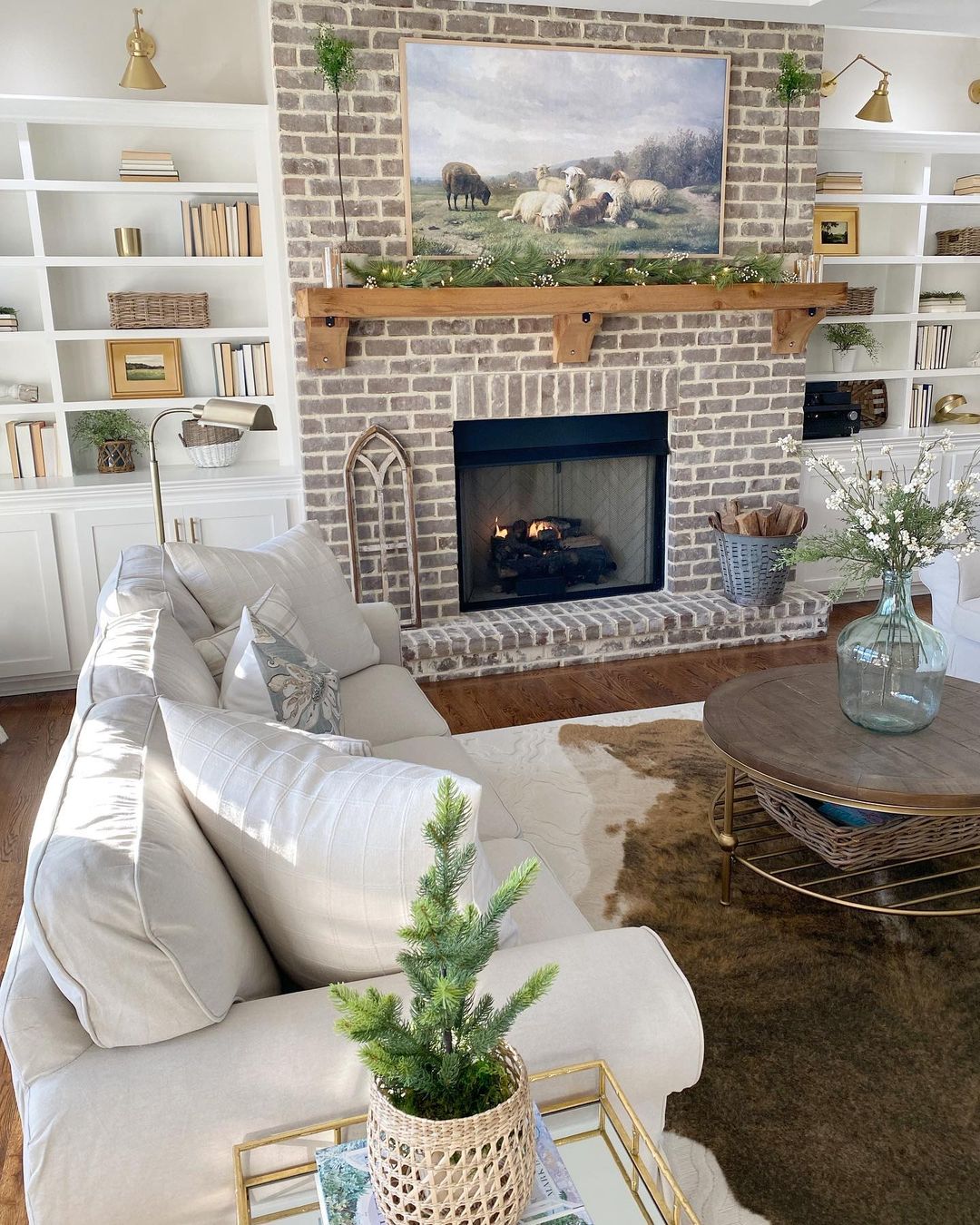 Elegant Farmhouse Style: Brick Fireplace with Integrated Shelving