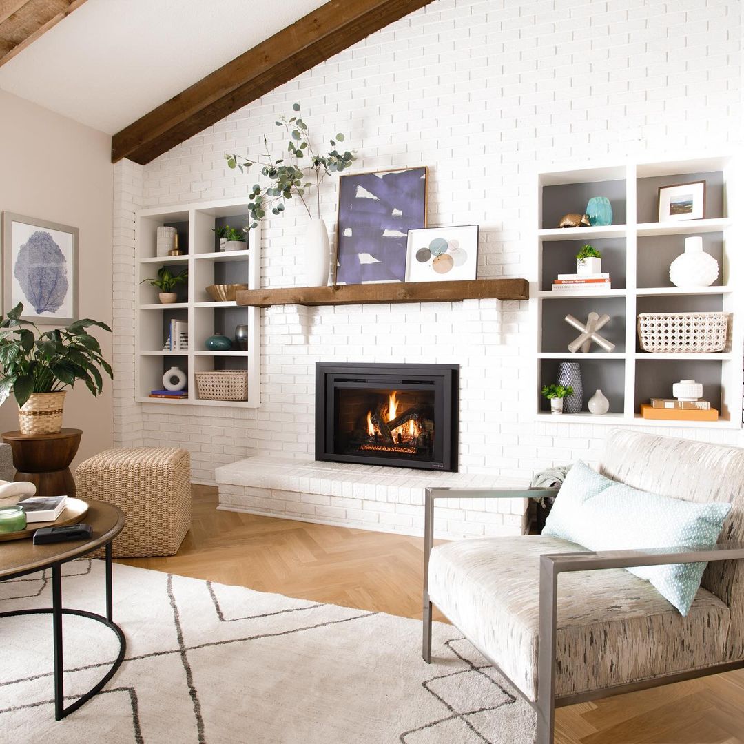 Modern Minimalism: White Brick Fireplace with Integrated Shelving