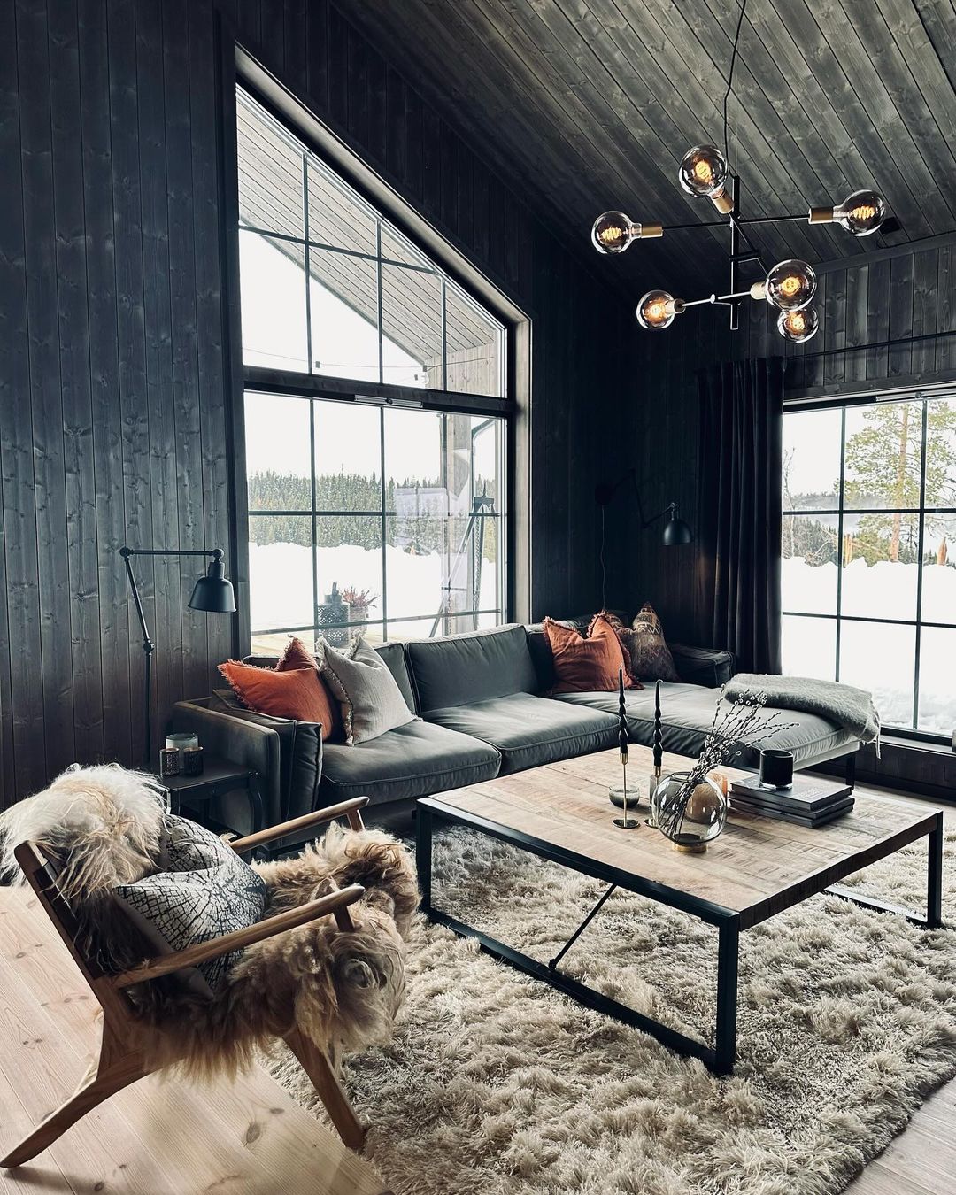 Modern Dark Wood Cabin Living Room