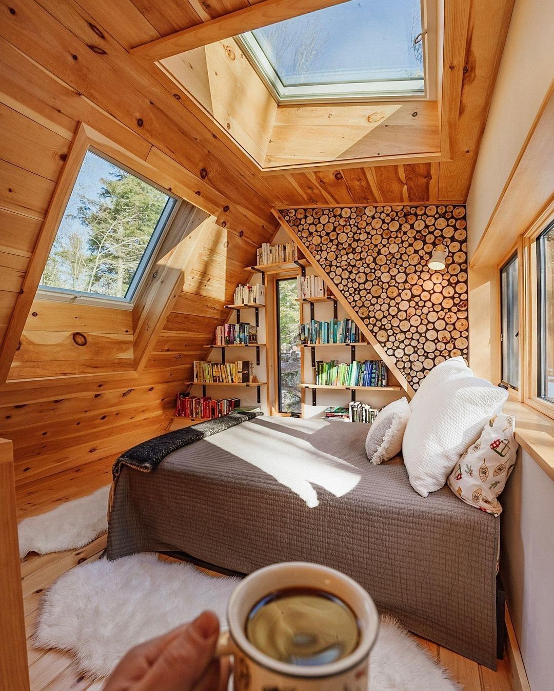 Warm and Inviting Cabin Nook with Skylights