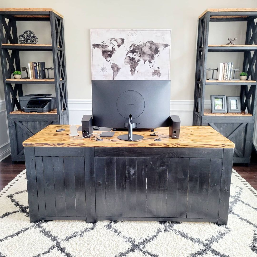 Use Dark Wood and Industrial Accents for a Modern Rustic Office