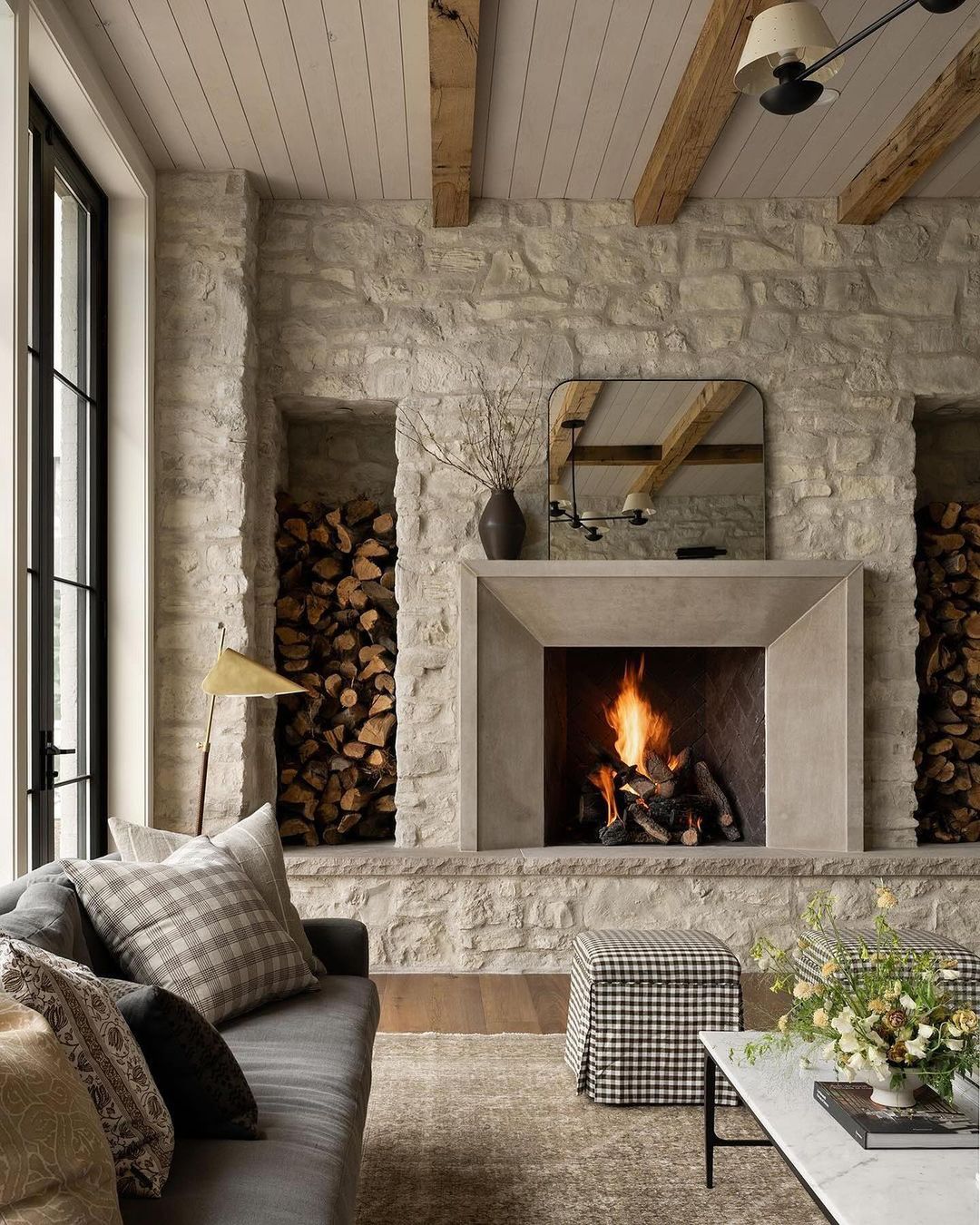 Stone Fireplace with Wooden Beam Accents