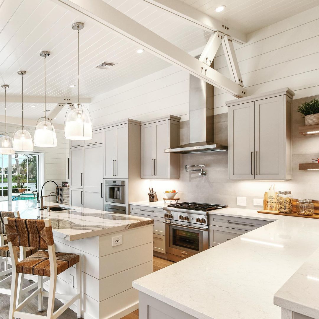 Modern Kitchen with Minimalist Wood Beams and Shiplap Ceiling