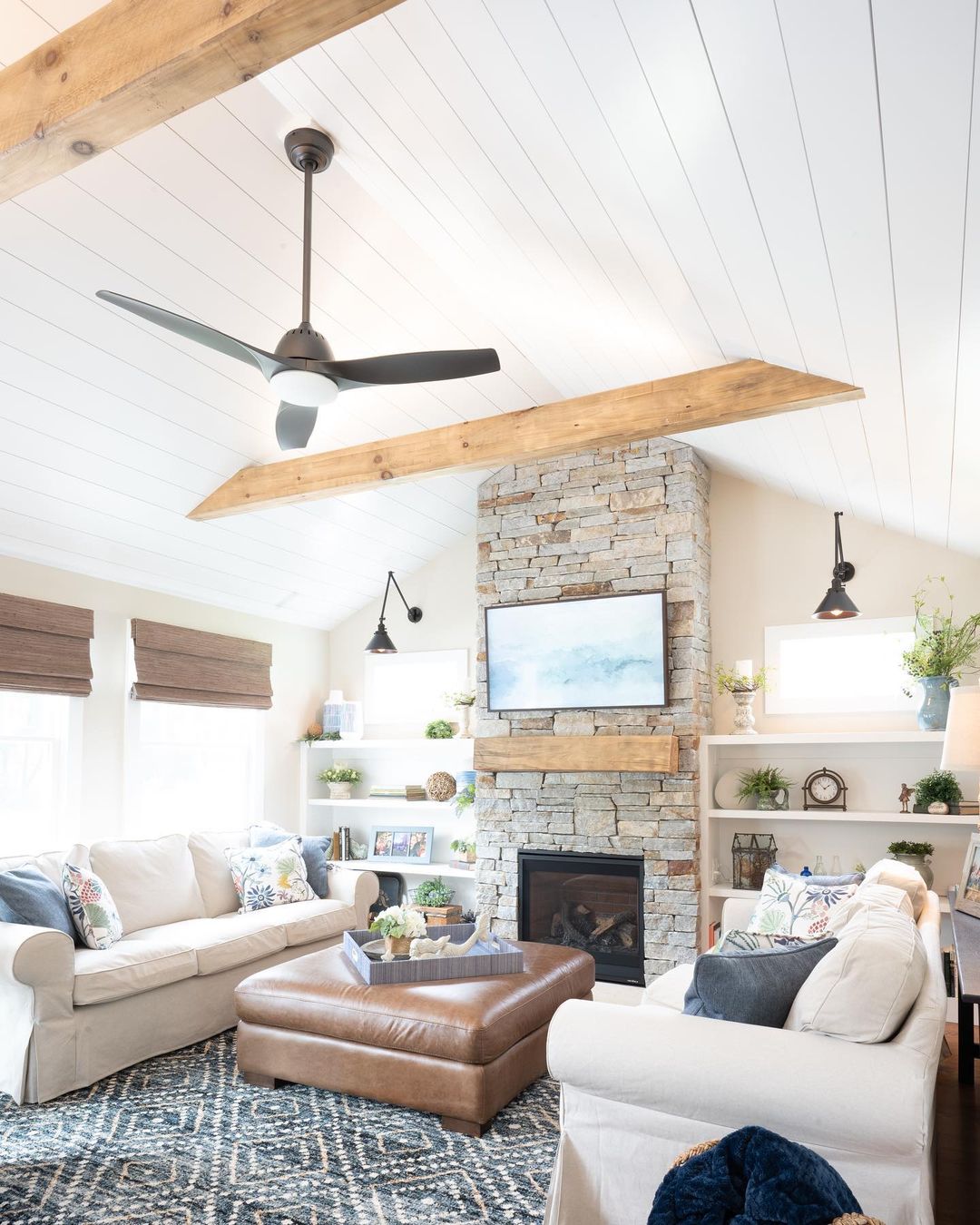 Minimalist Beams and Shiplap in Cozy Living Spaces