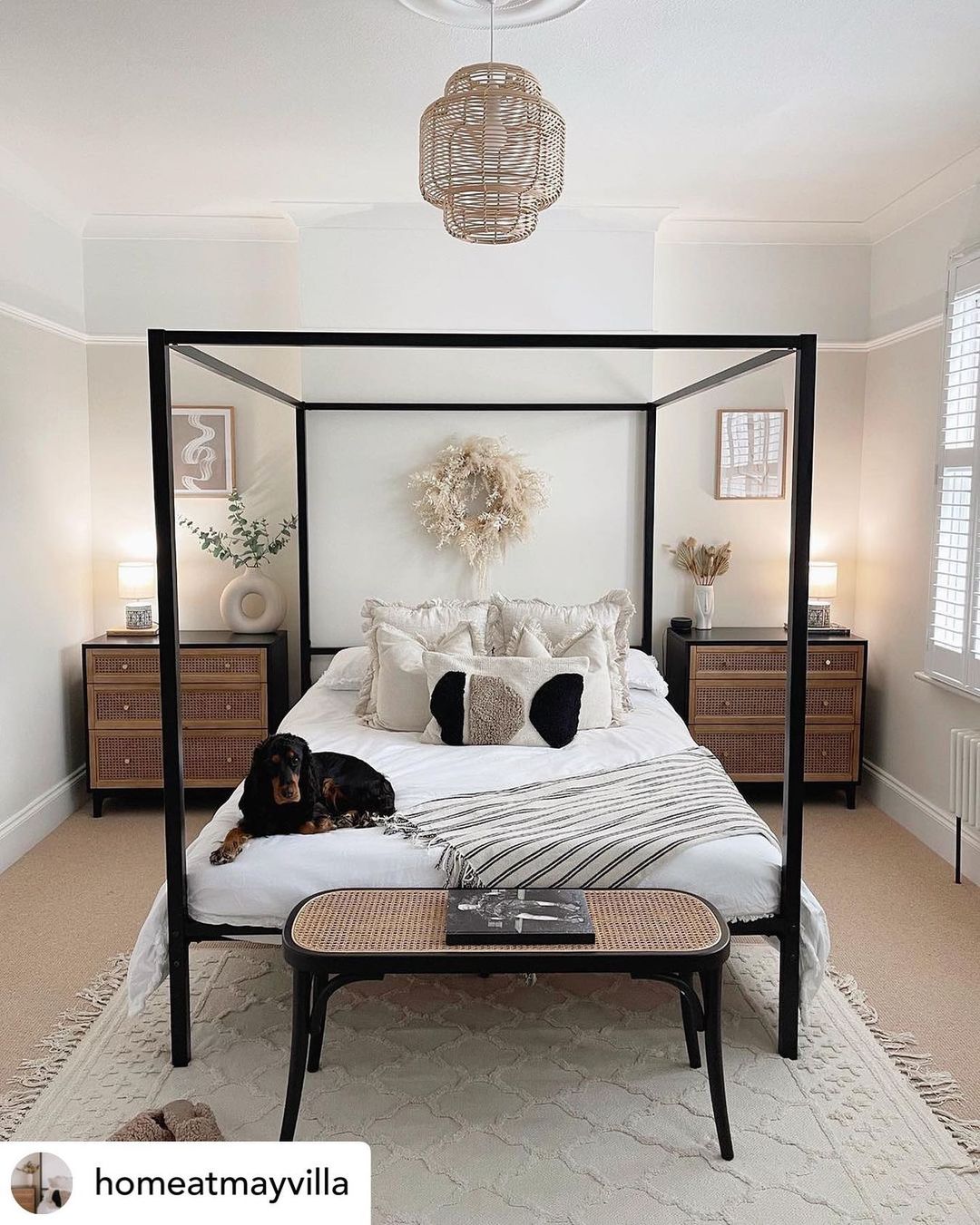 Modern Boho Four Poster Bed with Natural Accents