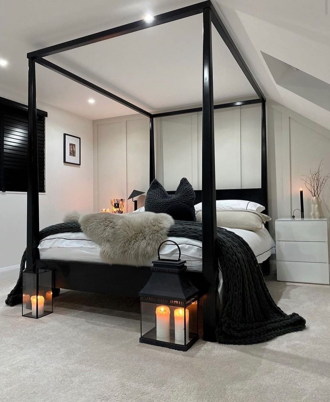 Cozy and Modern Four Poster Bed with Ambient Lighting