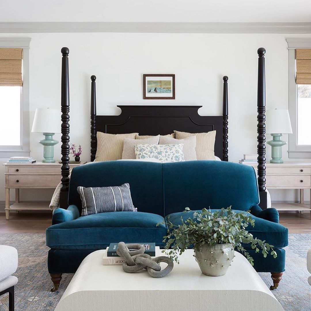 Classic Four Poster Bed with Bold Blue Accents