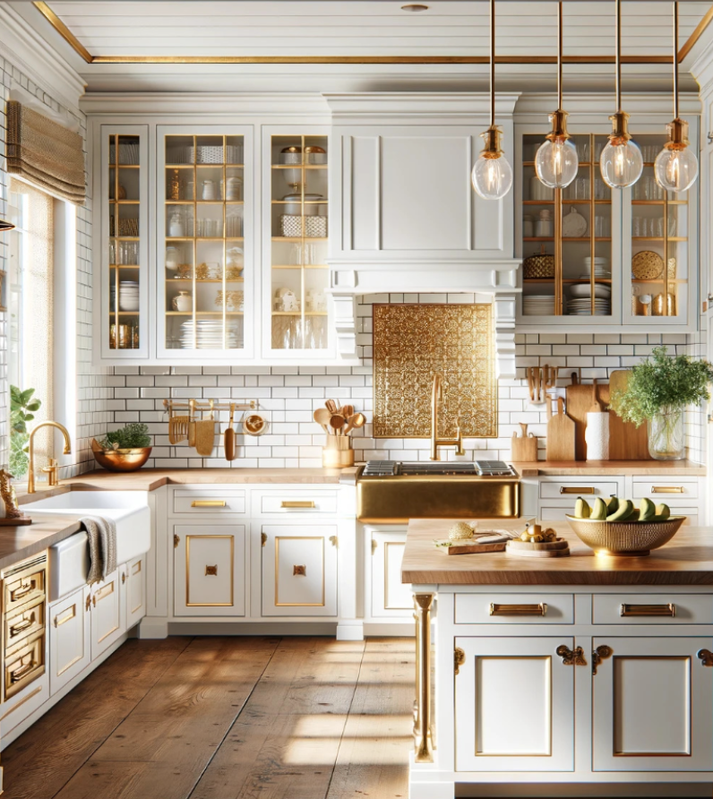 Charming White Kitchen with Ornate Gold Backsplash