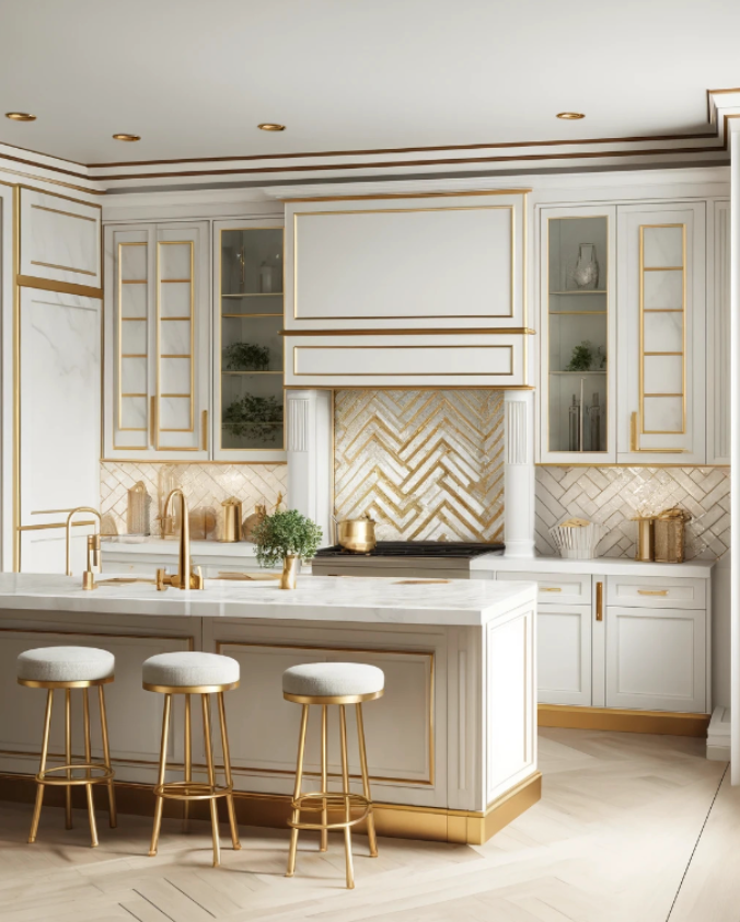 Elegant White Kitchen with Gold Herringbone Backsplash