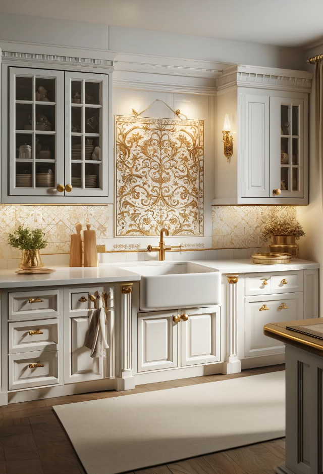 Ornate Gold Backsplash in a Classic White Kitchen
