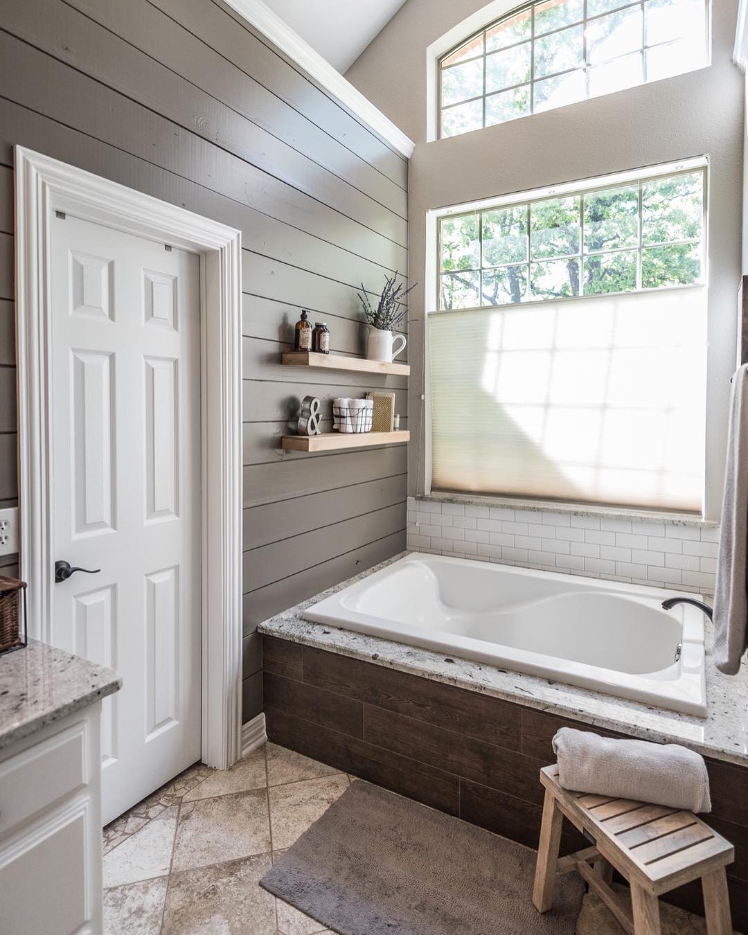 Rustic Bathroom with Grey Shiplap and Built-In Tub