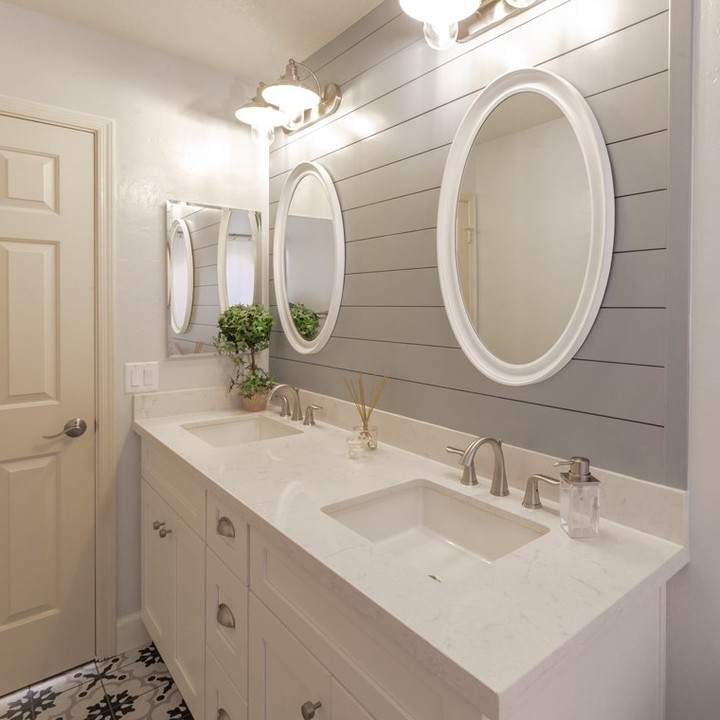 Bright Bathroom with Grey Shiplap and Double Vanity