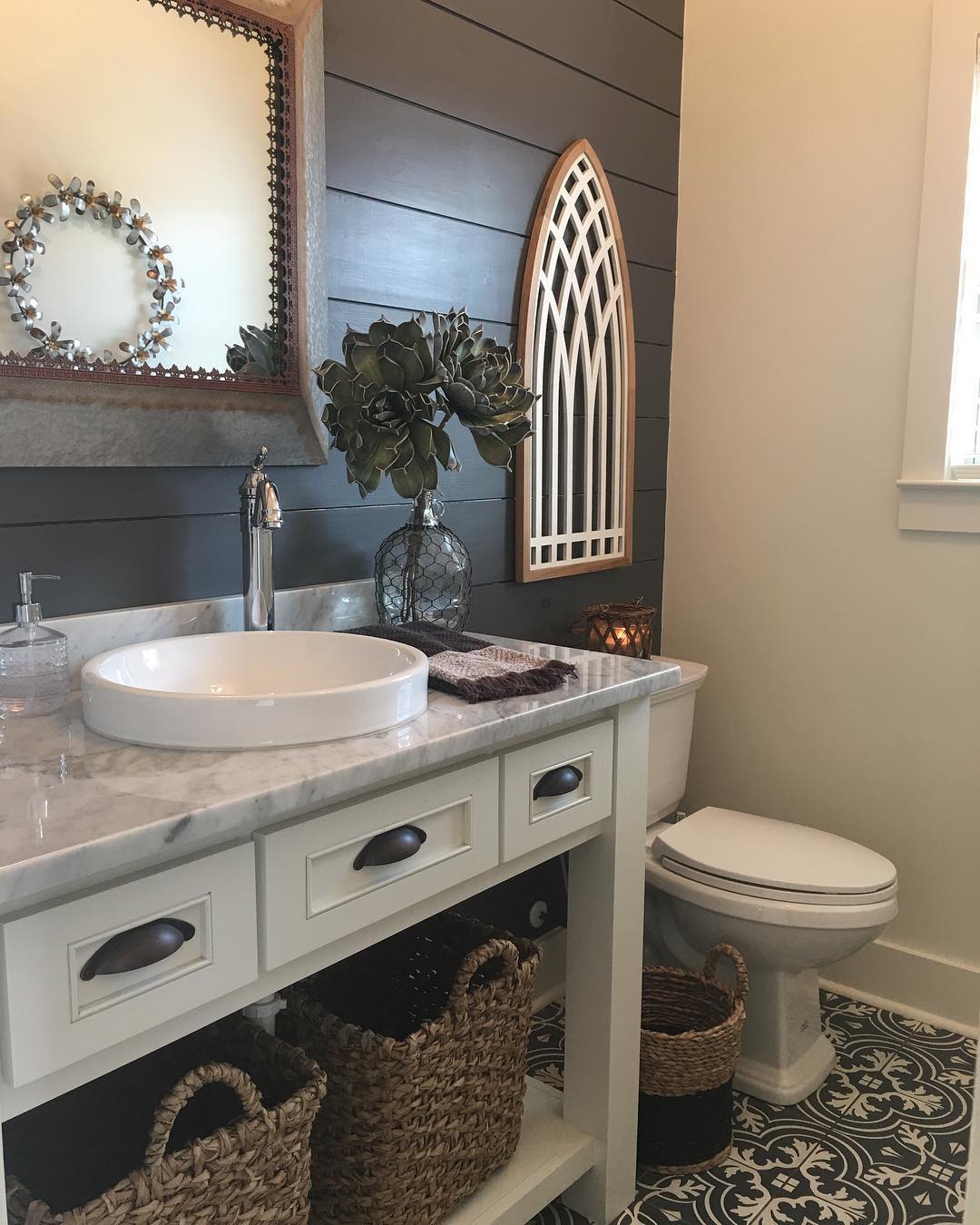 Rustic Powder Room with Grey Shiplap and Vintage Decor