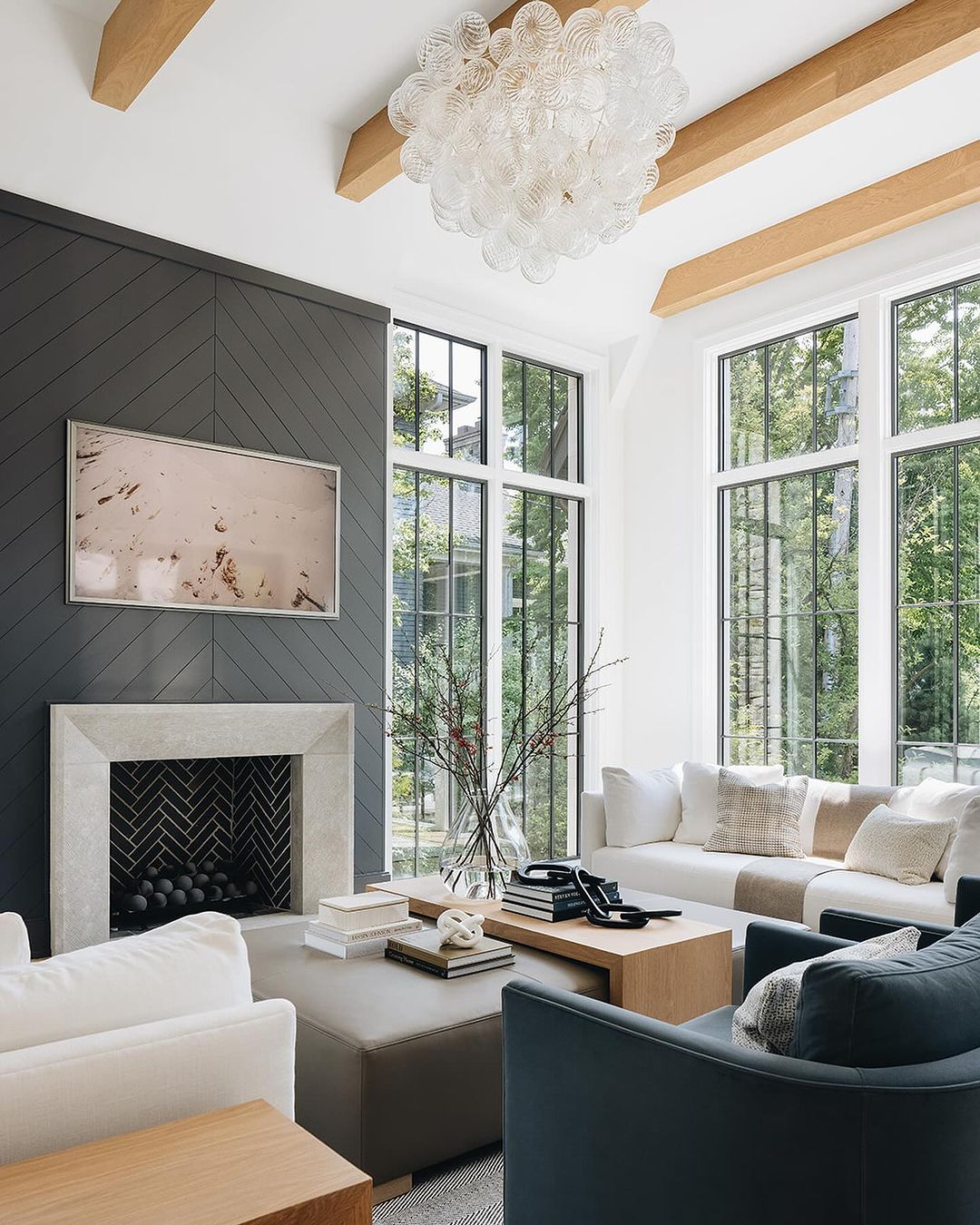 Modern Living Room with Dark Grey Shiplap Fireplace